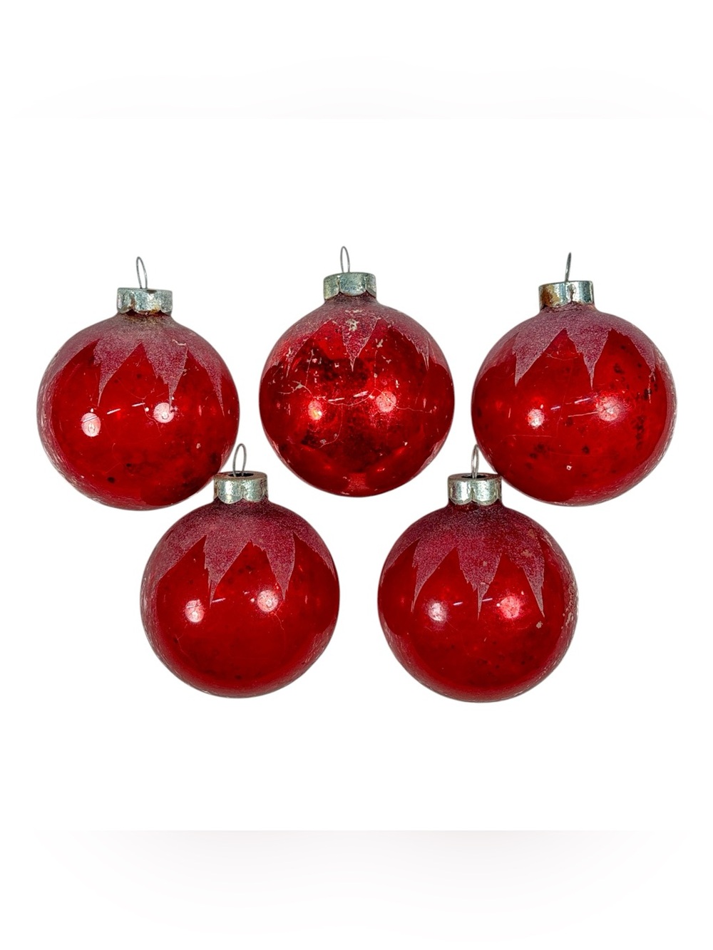 5 Vintage 2" Shiny Brite Red Snowcap Glass Christmas Ornaments Balls US of A